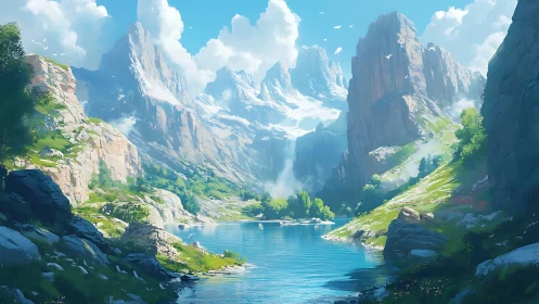 Mountain lake reflects towering peaks under clear sky