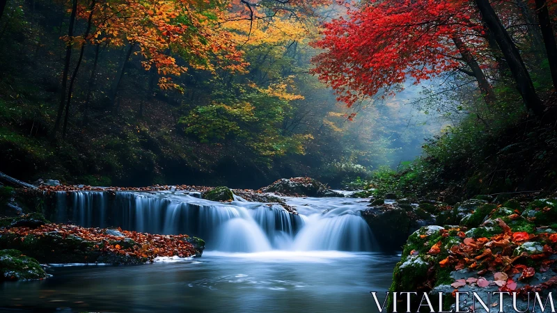 Waterfall flows through forested gorge with bright autumn foliage