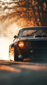 Muscle car charges through autumn mist at golden hour.