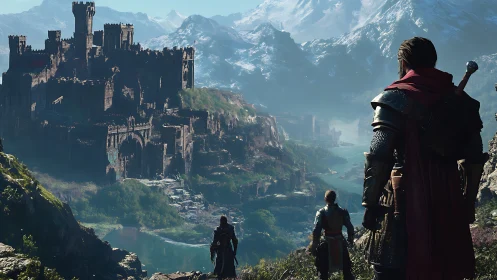 Armored adventurers surveying fortified riverside citadel