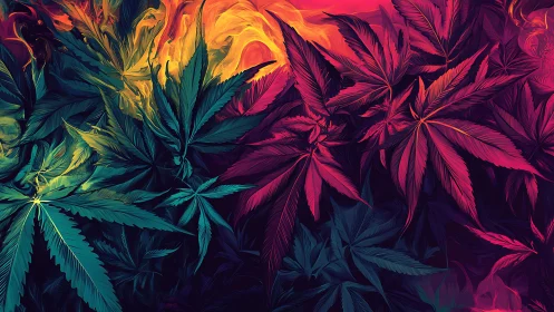 Colorful cannabis leaves glow against a fiery neon backdrop