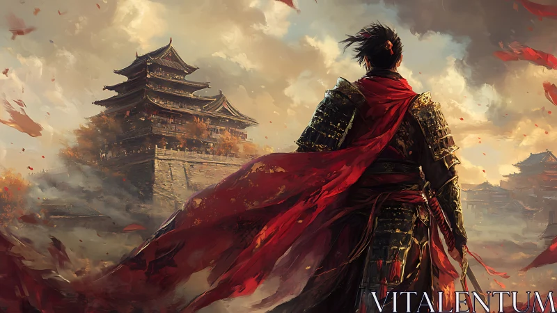 Armored warrior surveys distant pagoda amid drifting debris