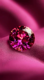 Pink faceted gemstone rests on detailed magenta fabric