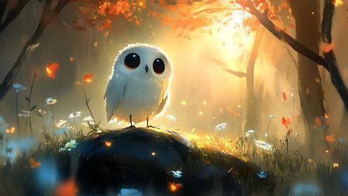 Whimsical White Owl in Enchanted Forest at Sunrise, Digital Art.