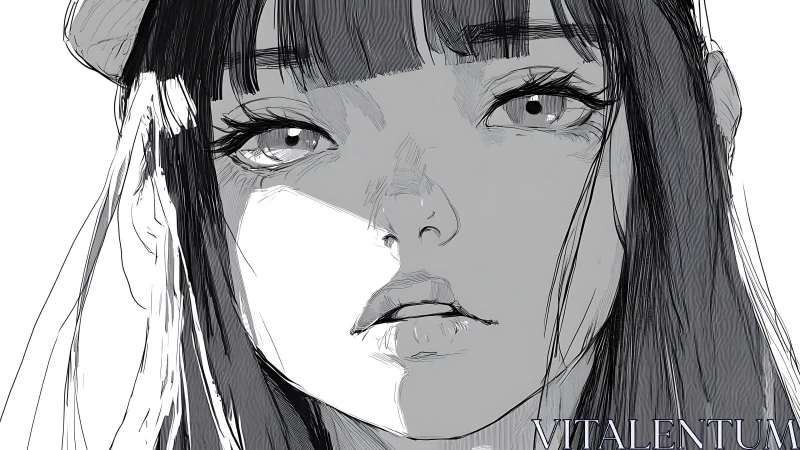 Monochrome close portrait of pensive long haired girl.