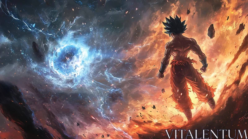 Saiyan warrior facing cosmic energy vortex in flames.