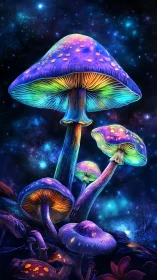 Bioluminescent neon mushrooms under deep cosmic night sky