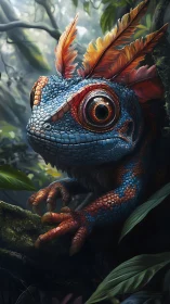 Feathered blue lizard in dense jungle environment portrait.