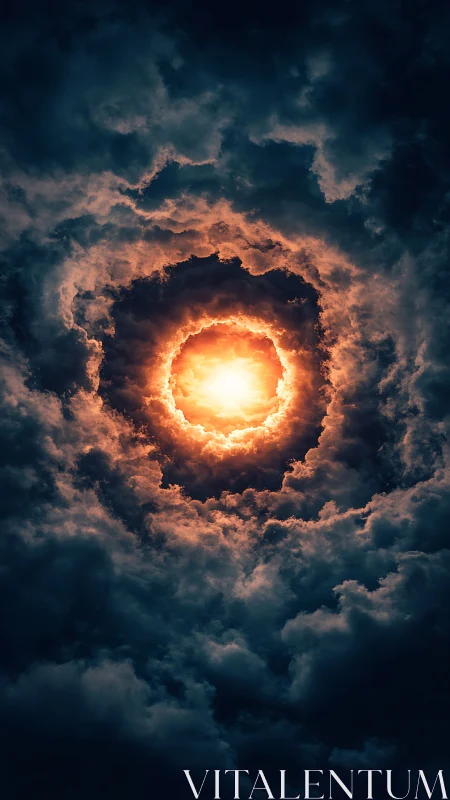 Fiery celestial vortex burns through storm-laden sky.