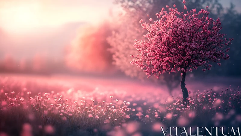Digital painting of pink blossom grove in ethereal backlight.