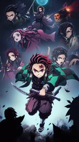 Anime demon slayers charge under moonlit battle sky.