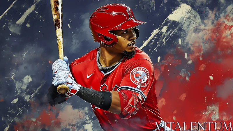 Baseball batter in red uniform ready to swing hard.