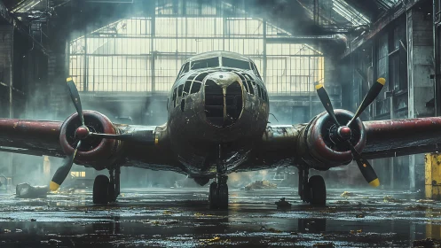 Weathered vintage airplane rests quietly in a misty hangar