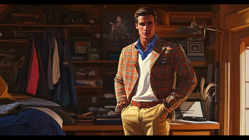Dapper daydreamer in plaid jacket amid sunlit study calm.