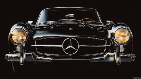 Iconic black roadster front view with luminous chrome accents.
