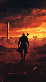 Lone armed wanderer crosses red wasteland toward city.