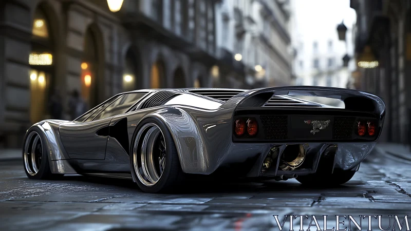 Low-angle view shows chrome supercar parked on wet street