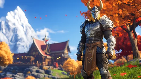 Armored fantasy warrior in autumnal Nordic landscape.