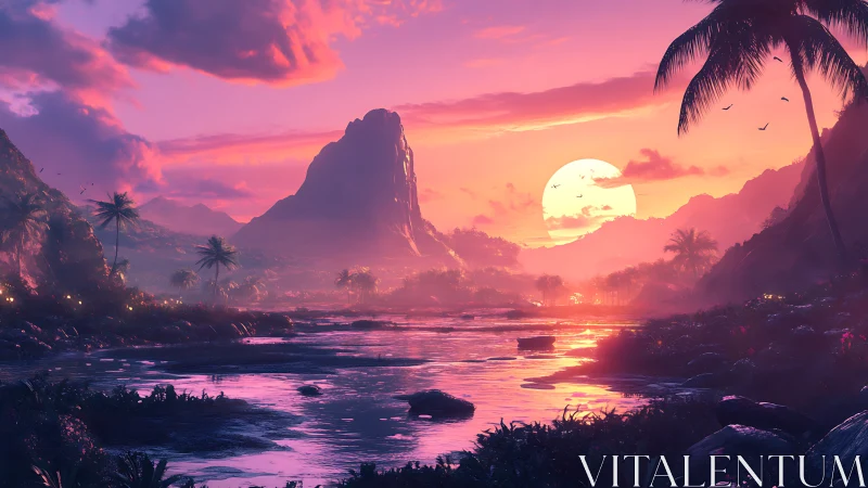 Neon lullaby over tropical river and storybook mountain.