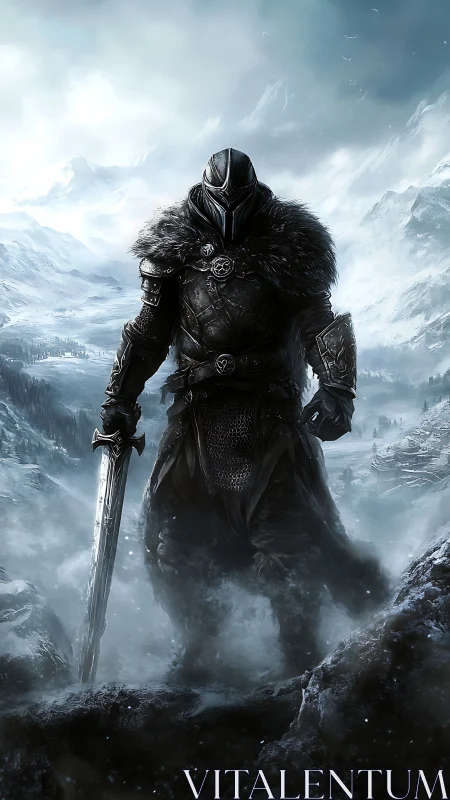Armored warrior with sword in cold mountain landscape.
