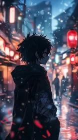 Hooded youth on neon street under drifting digital snowfall.