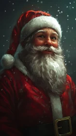 Jolly Santa Claus smiles warmly in softly falling snow.