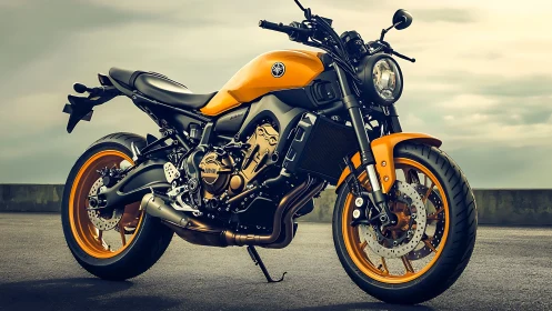 Yellow and black modern street motorcycle on open pavement.