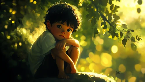 Pensive child under glowing forest canopy at sunset.
