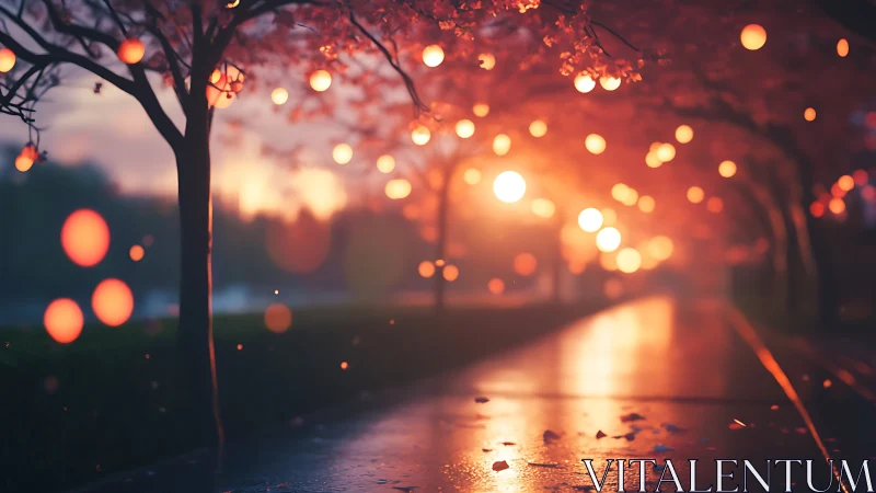 Digital evening walkway with lantern canopy and bokeh glow.