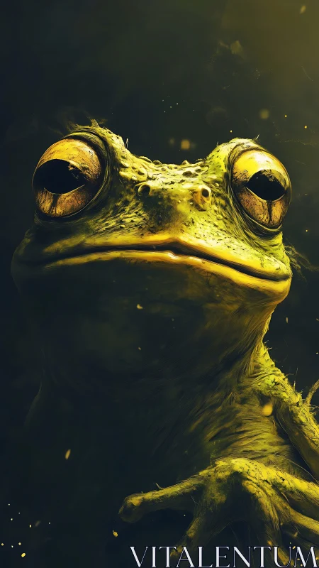 Close-up digital portrait of a green frog in dim light.