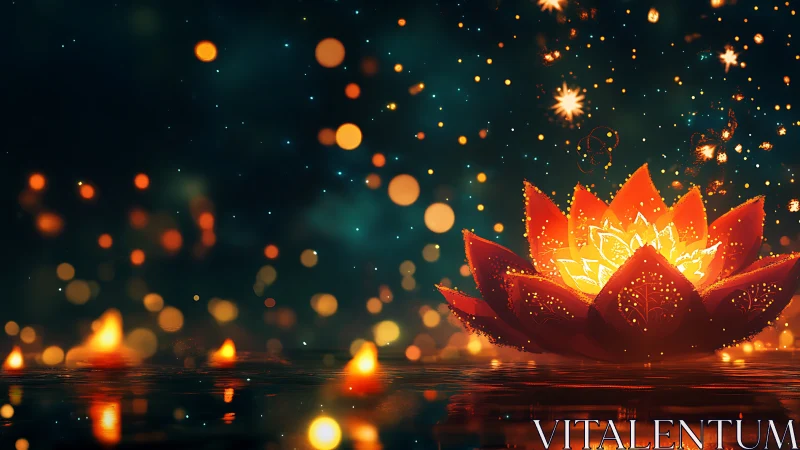 Glowing lotus lantern blooms across a dreamy night waterway
