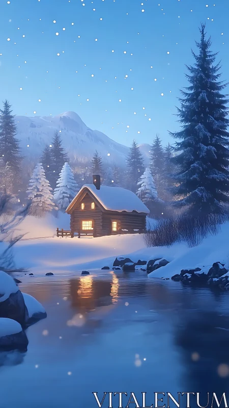 Snowy mountain cabin beside reflective winter river at dusk.