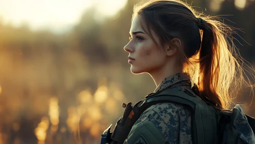 Young Female Soldier Outdoors in Dramatic Golden Hour Portrait.