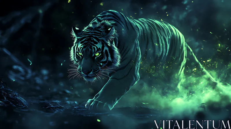 Moonlit tiger strides through glowing emerald forest mist