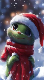 Green creature in Santa attire gazes upward amid soft snowfall