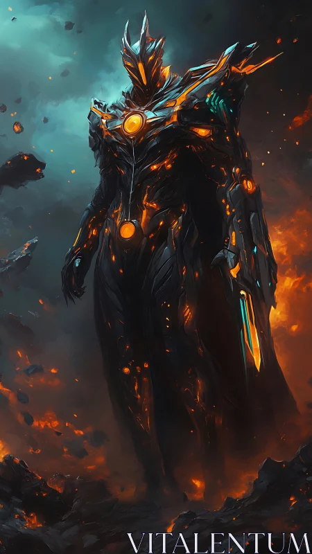 Luminous armored guardian walking through a molten twilight.