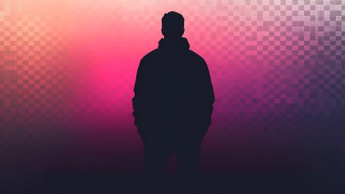 Silhouetted figure pauses calmly before a glowing pixel sky