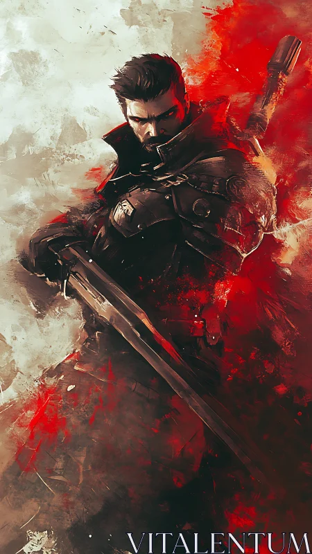 Battle-hardened swordsman amid splashed crimson chaos.