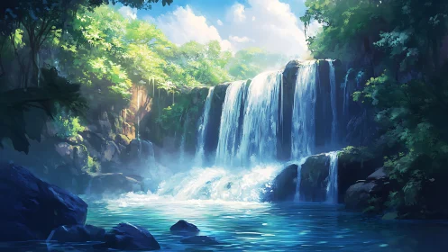 Luminous forest waterfall with turquoise plunge pool cascade.