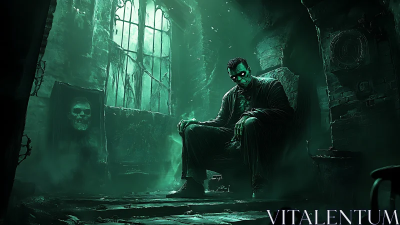 Green lit figure seated in decayed gothic interior at night.