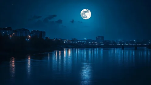 Luminous full moon casts a tranquil glow over riverside city