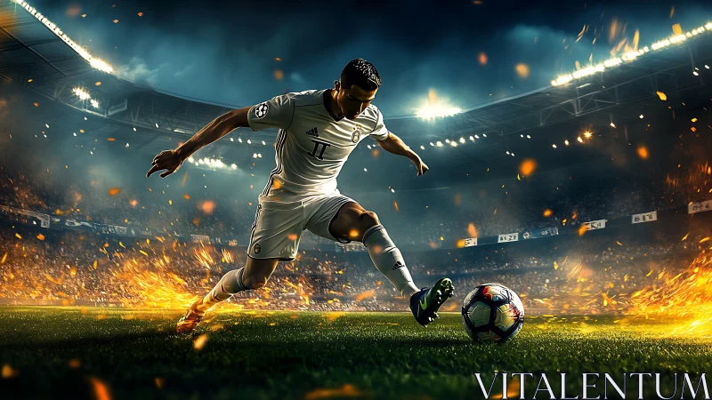 Blazing stadium striker bending fire and starlight around.