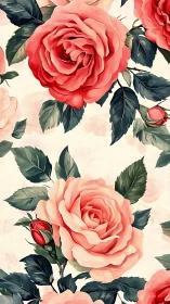 Layered Botanical Illustration Featuring Volumetric Pink Rose Blossoms with Gestural Foliage