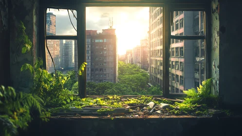 Overgrown window frames sunlit urban ruins with rising greenery