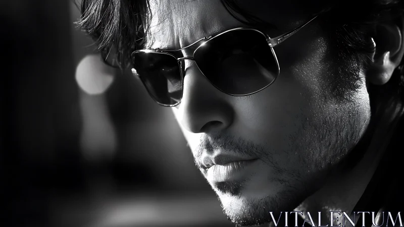 Brooding monochrome rebel in reflective midnight shades.