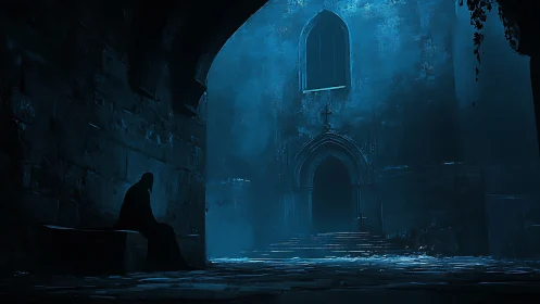 Lonely hooded figure outside dark blue gothic church at night.