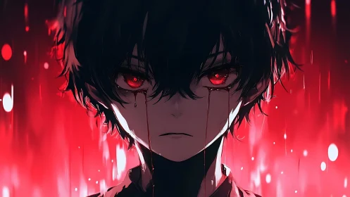 Red-eyed anime boy stands in a burning veil of sorrow