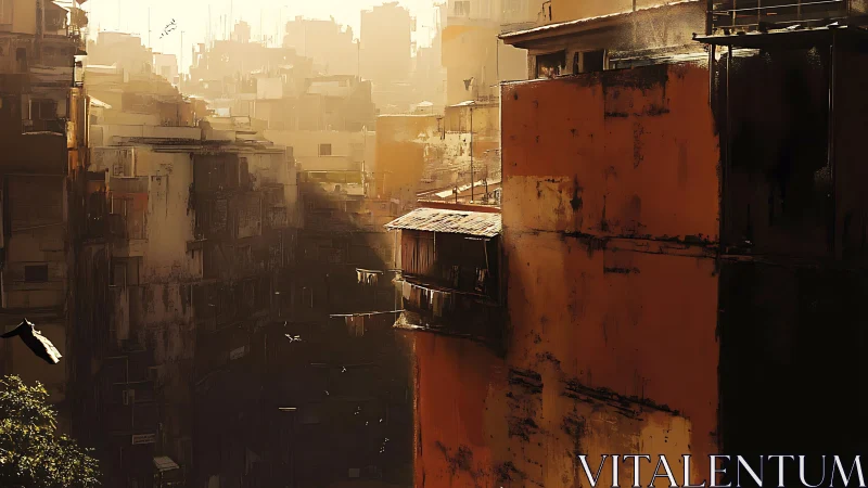 Urban rooftops in hazy golden light at sunset.