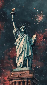 Statue of Liberty rendered against stylized pyrotechnic night sky