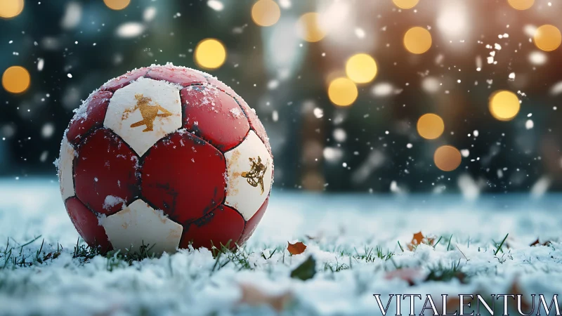 Snow-dusted red football waits on a wintry festive field
